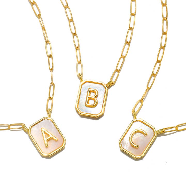 Mother of Pearl Paperclip Initial Necklace for wholesale by Amelia Rose Jewelry