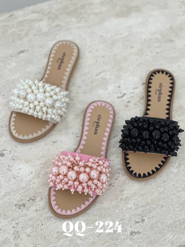 Black Flat mules adorned with elegant pearls QQ-224 for wholesale on Faire