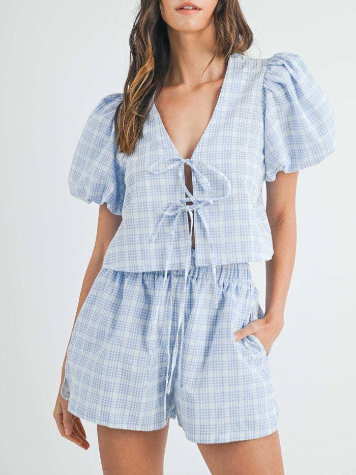 Rosa Clothing - Wholesale Lounge Set - Women's - V-Neck Lace-Up Puff Sleeve Top Shorts Plaid Set