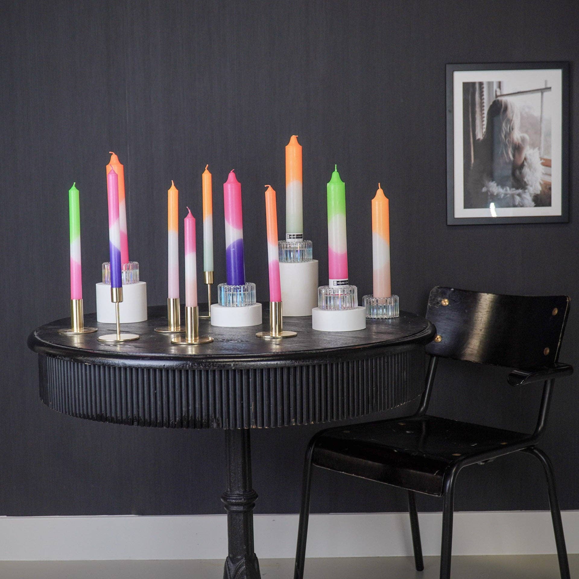 Housevitamin bv - Wholesale Taps toelopende kaars/kandelaar - Taps toelopend - Dipdye - Was - Oranje/Wit/Mintgroen - S45