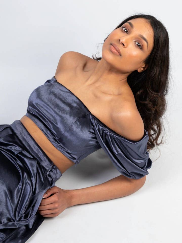 Square Puff Sleeve Crop Top in Navy Velvet for wholesale by The Naked Laundry