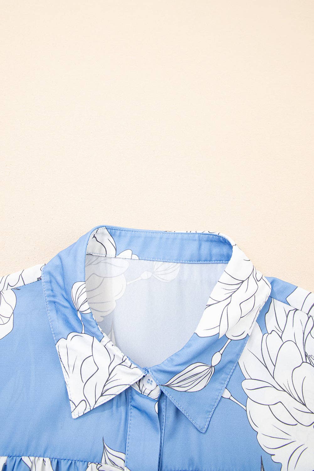 Sky Blue Floral Print Button Up Pleated Detail Puff Sleeve Shirt for wholesale on Faire4