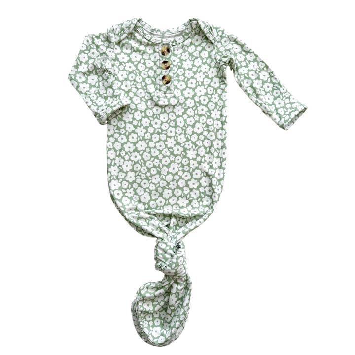 Knotted Baby Gown - Sage Ditsy Floral for wholesale by Harp Angel Boutique