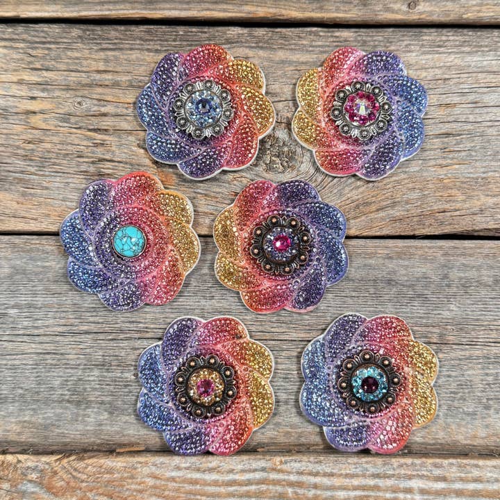 Rodeo Drive - Wholesale Horseback riding gear - Rainbow Flower Rhinestone Rosette - Assorted Conchos1
