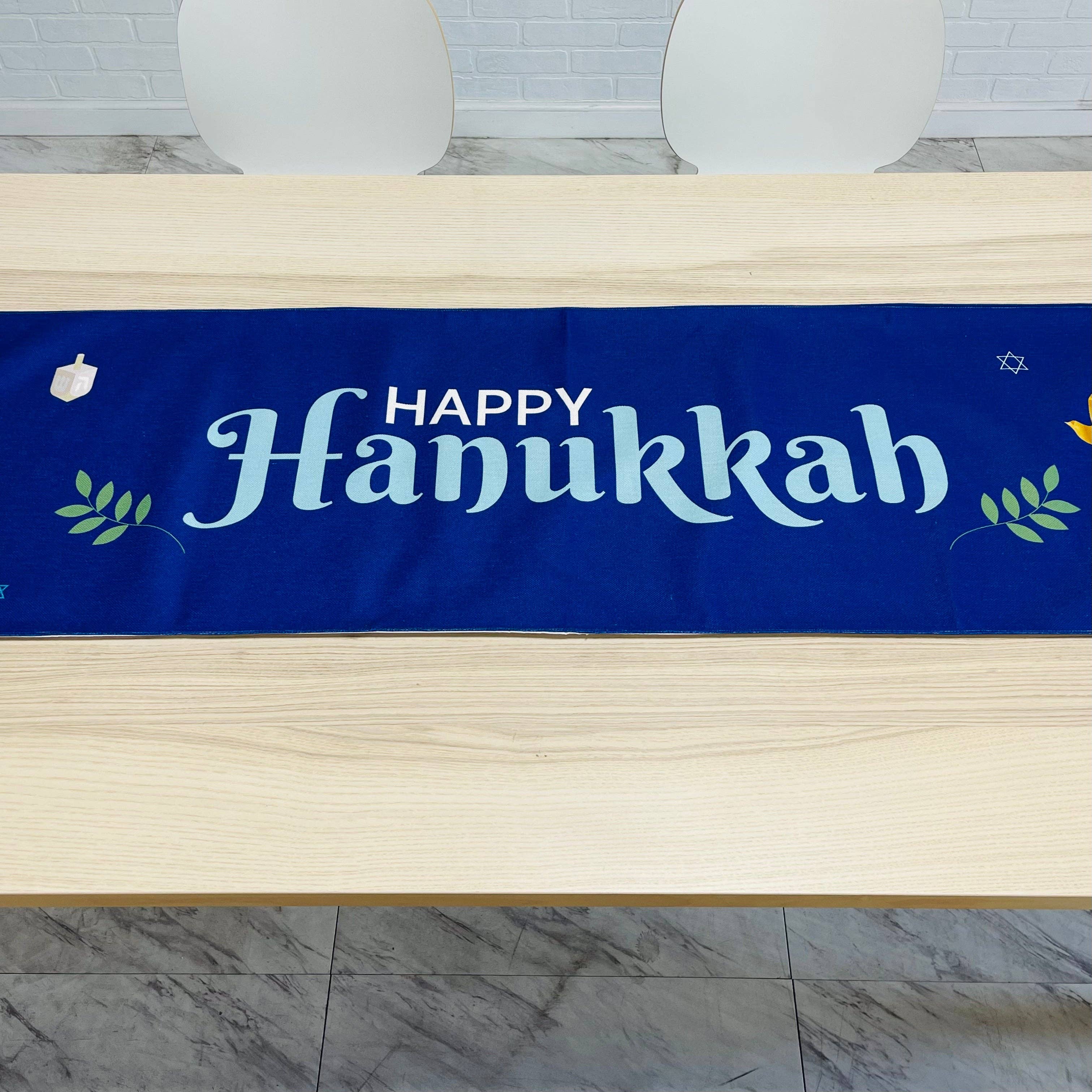 Mensch Kippah – wholesale Table runner – Happy Hanukkah linen cotton table runner2