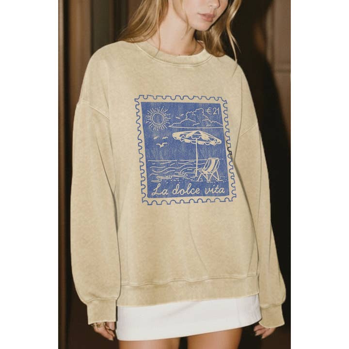 BEACH POSTAGE STAMP GRAPHIC MINERAL WASH SWEATSHIRT for wholesale by VINTAGE POINT USA
