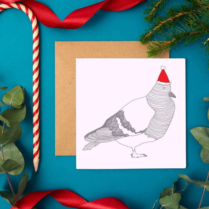 You've Got Pen On Your Face – postal de Natal por atacado – Pombo no cartão do chapéu de Natal | Cartão de Natal do pássaro