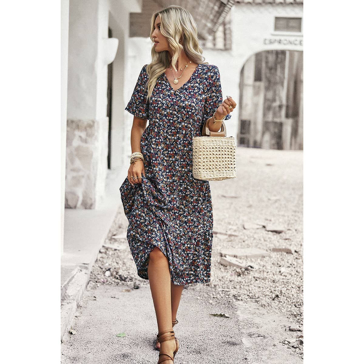 Supreme Fashion – wholesale Dress – Women's – Boho Floral Ruffle Hem V Neck Short Sleeve Dress15