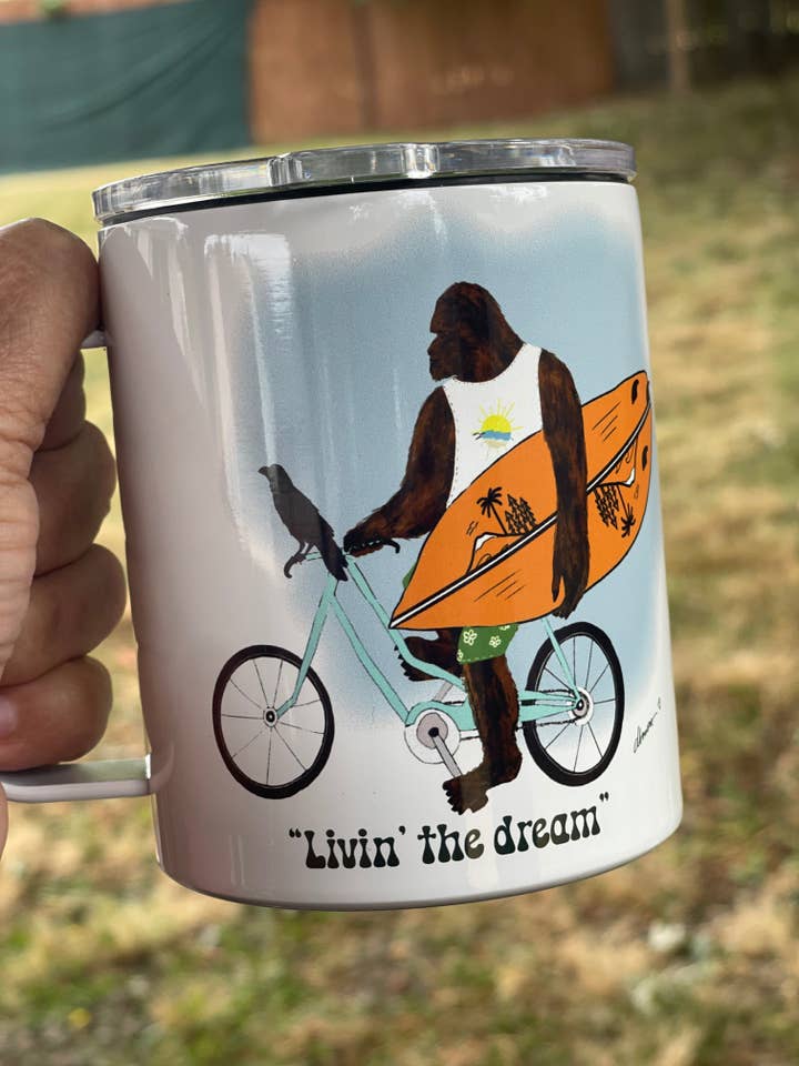 Bigfoot Surf Camp Mug – 12oz Aluminum with Lid | Living the Dream PNW Mug for wholesale by Color Crumbs Club