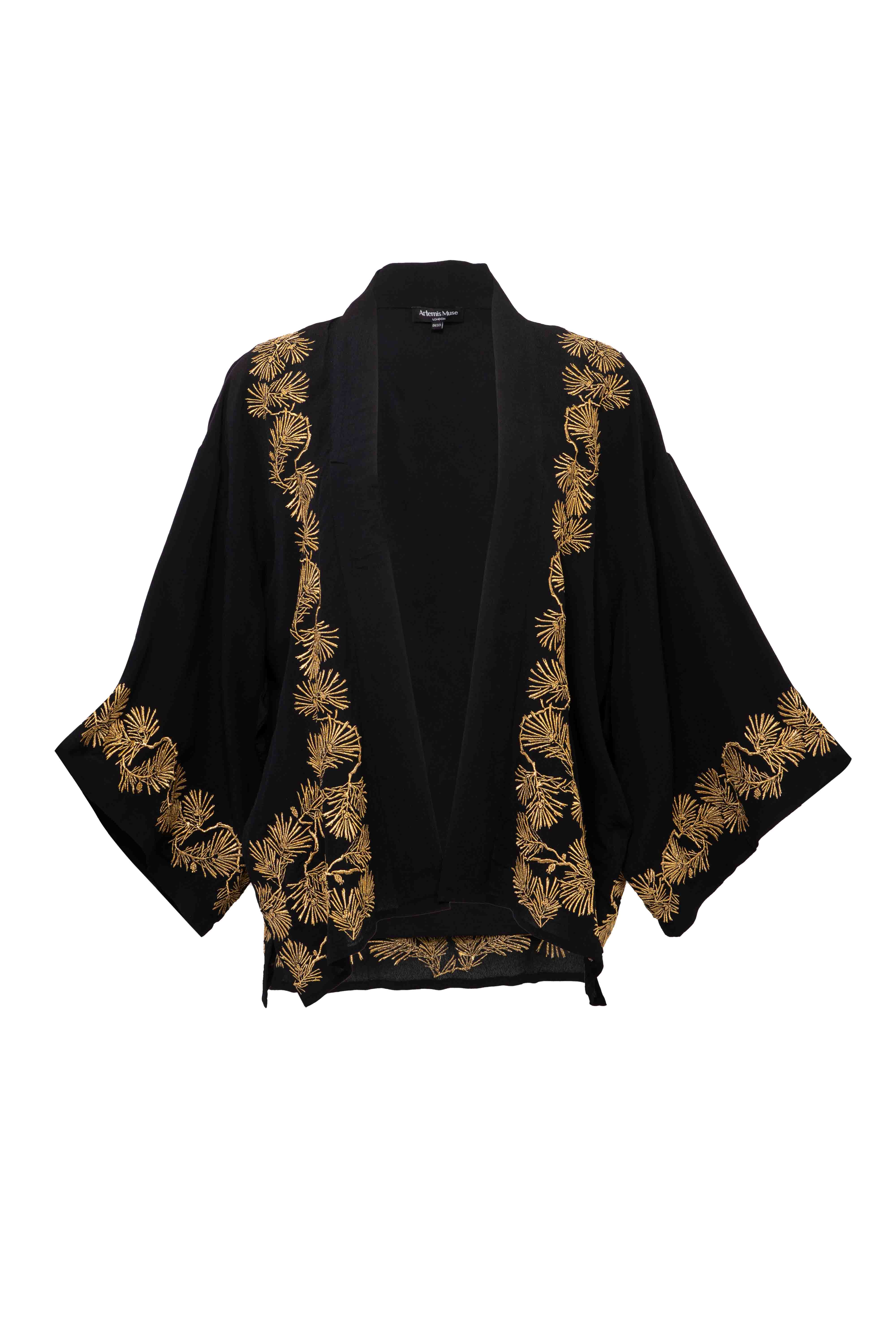 Artemis Muse - Wholesale Kimono - Women's - Japanese Pine Needle Embroidered Black and Gold Fully Lined Short Kimono4