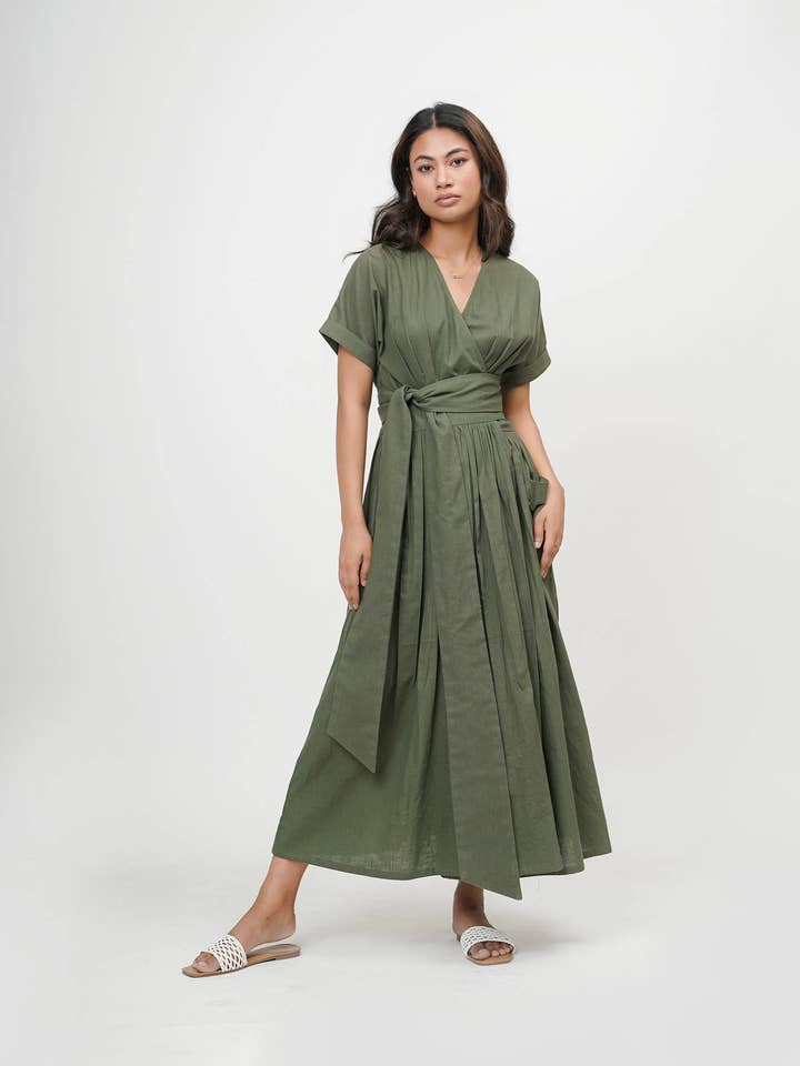 Bomull V-ringad Kimono Omlottklänning med Knytband #3 för wholesale av Tailor Didi