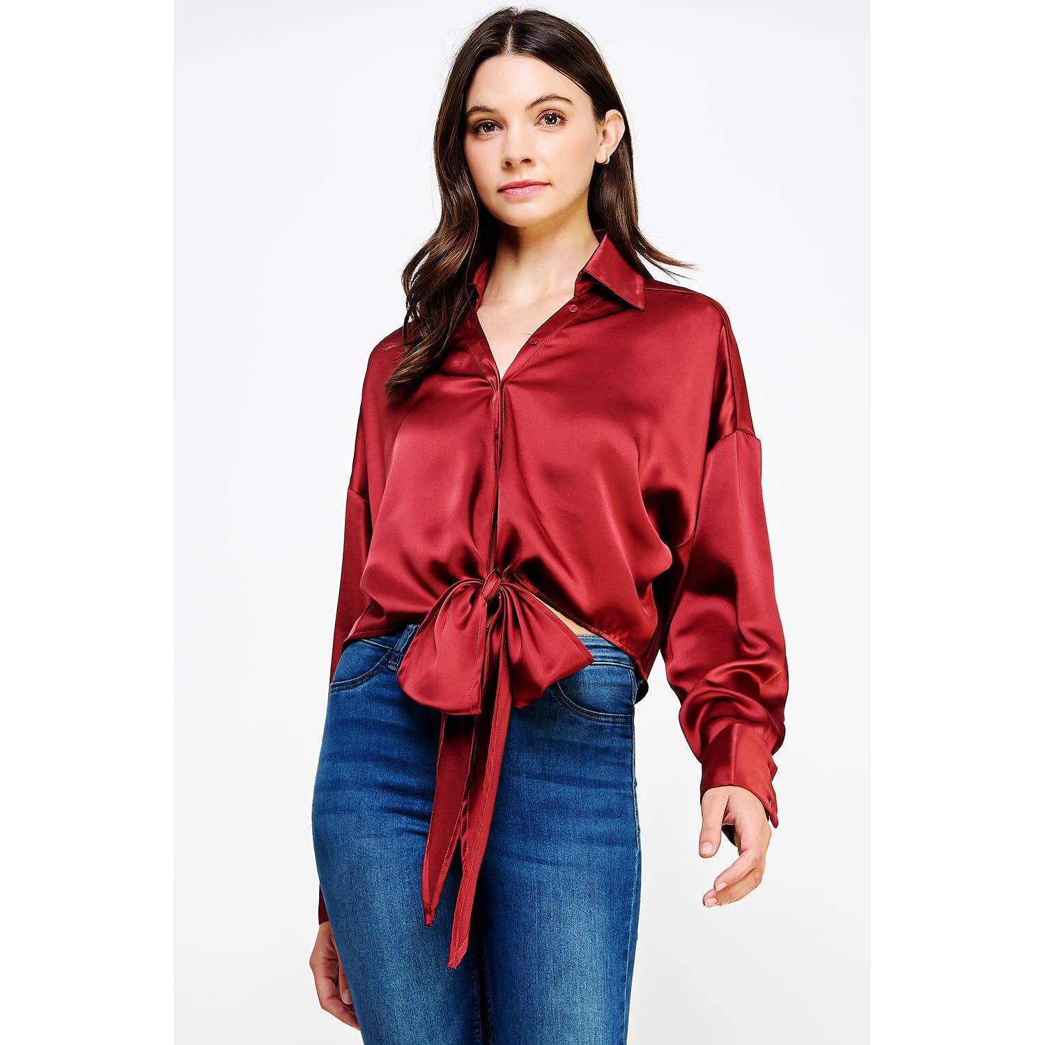 Strut & Bolt - Wholesale Button Down Shirt - Women's - Button Down Waist Tie Satin Shirt Top15