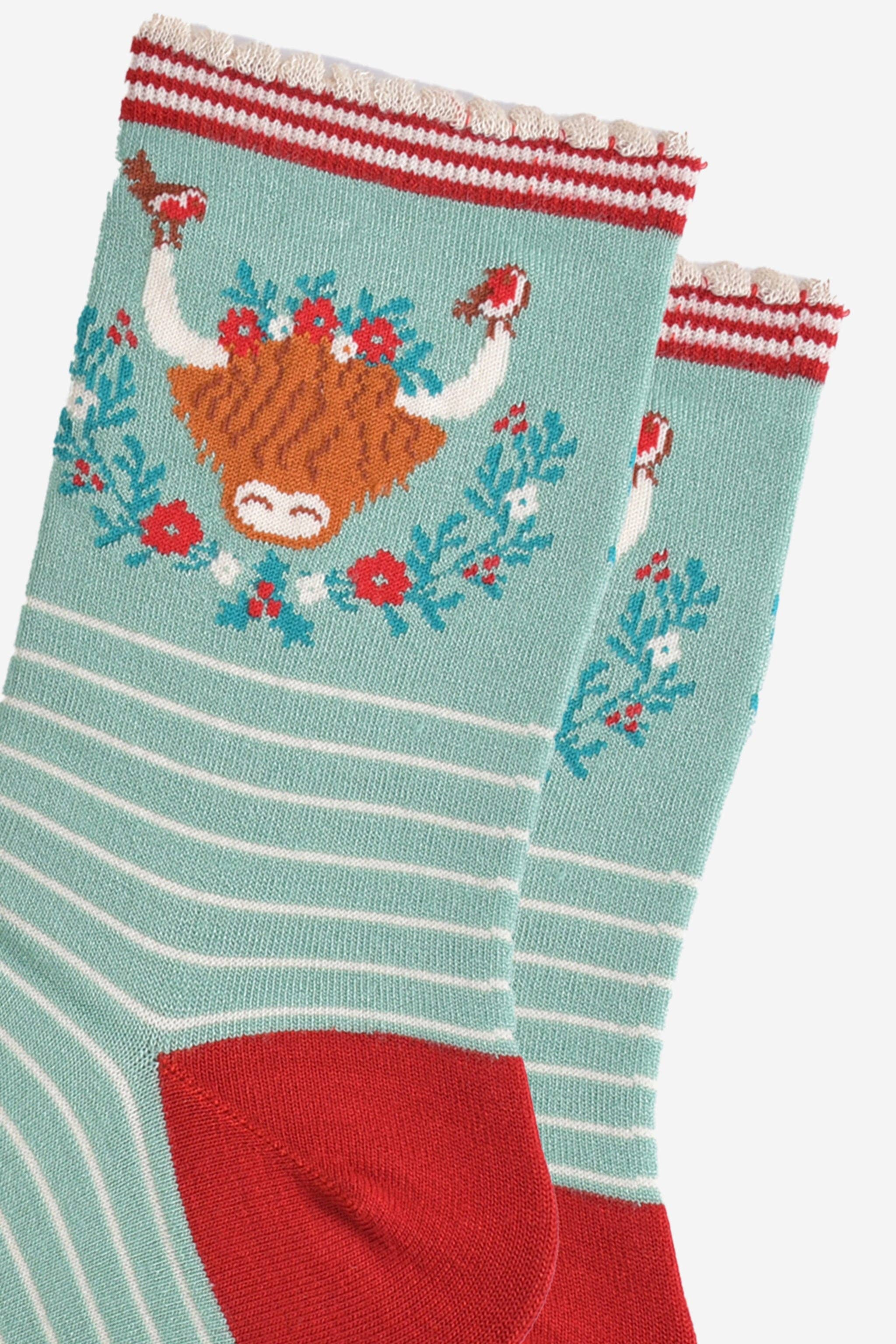 Sock Talk – wholesale Socks – Women's – Women's Bamboo Socks - Green/Red, Christmas Highland Cow2