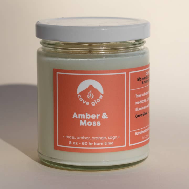Amber & Moss 8oz Soy Wax Scented Jar Candle for wholesale by Cave Glow Studio