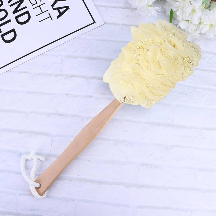 Natural Wooden Handle Bath Loofah - Long Body Scrubber for wholesale by Evideco French Home Goods