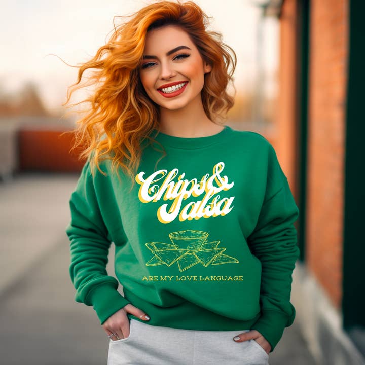 Honey and Gold Creative - Wholesale Graphic Sweatshirt - Women's - Chips & Salsa are my Love Language Sweatshirt - Kelly Green1