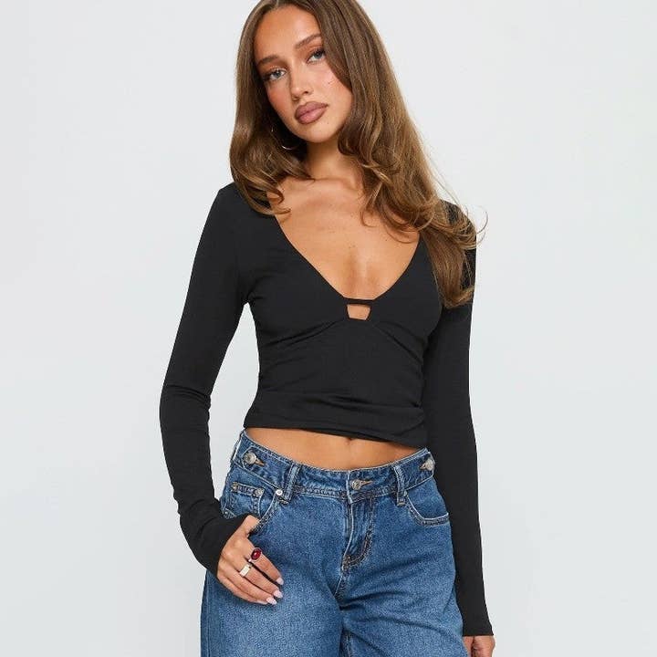 Sheer Trend - Wholesale T-Shirt - Women's - V Neck Long Sleeve T Shirt2