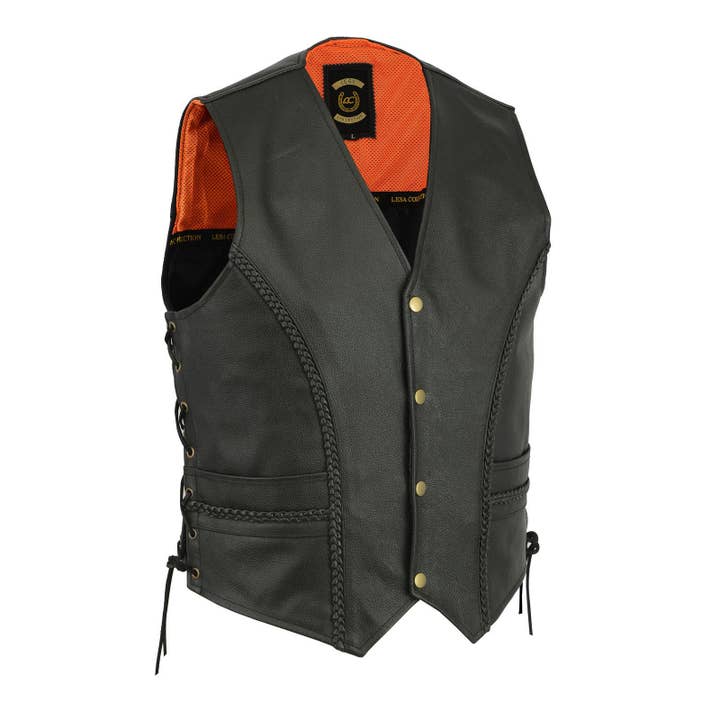 Braided Leather Motorcycle Biker Style Waistcoat Vest Black for wholesale by Lesa collection