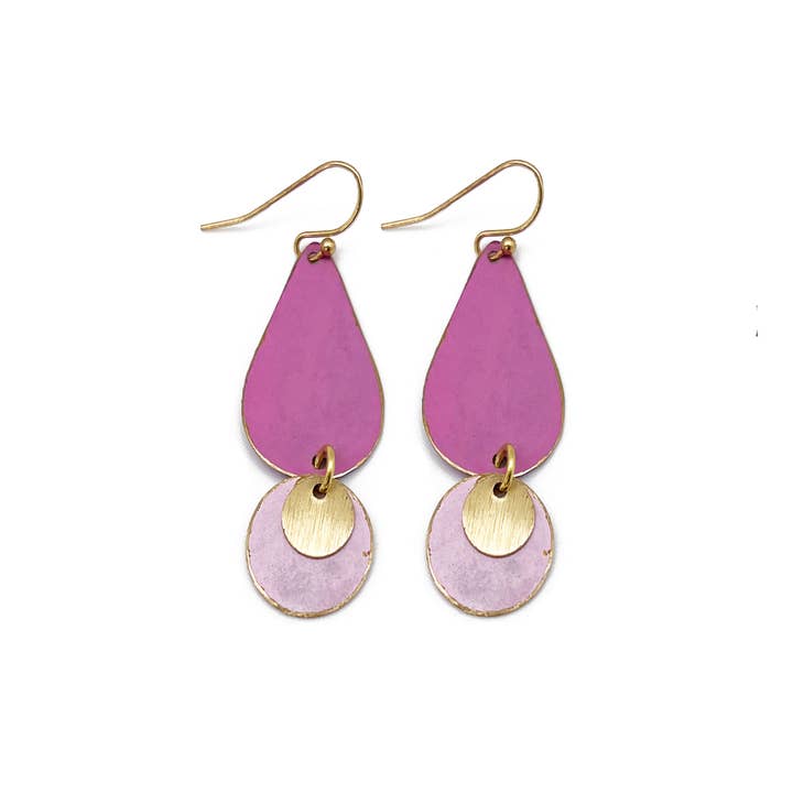Brass Patina Earrings - Pink and Lilac Two Tiered Dangle for wholesale by Anju Jewelry