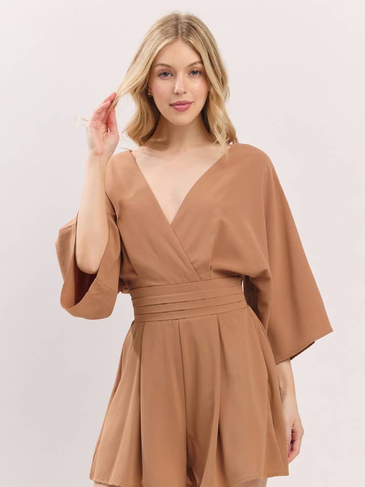 Solid 3/4 Sleeve V- Neck Romper HR2297-TAUPE for wholesale by B I G H I T Fashion