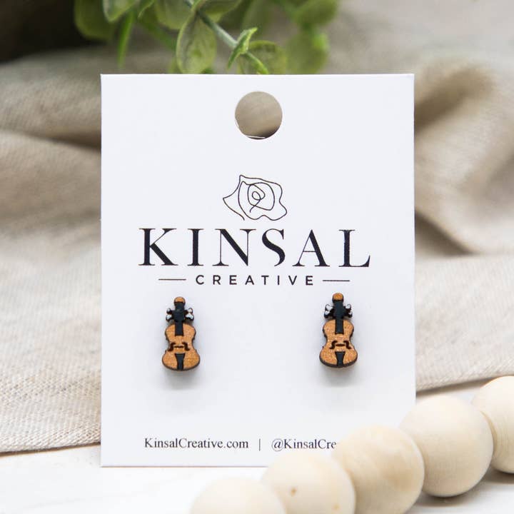 Violin Wood Stud Earrings for wholesale by Kinsal Creative