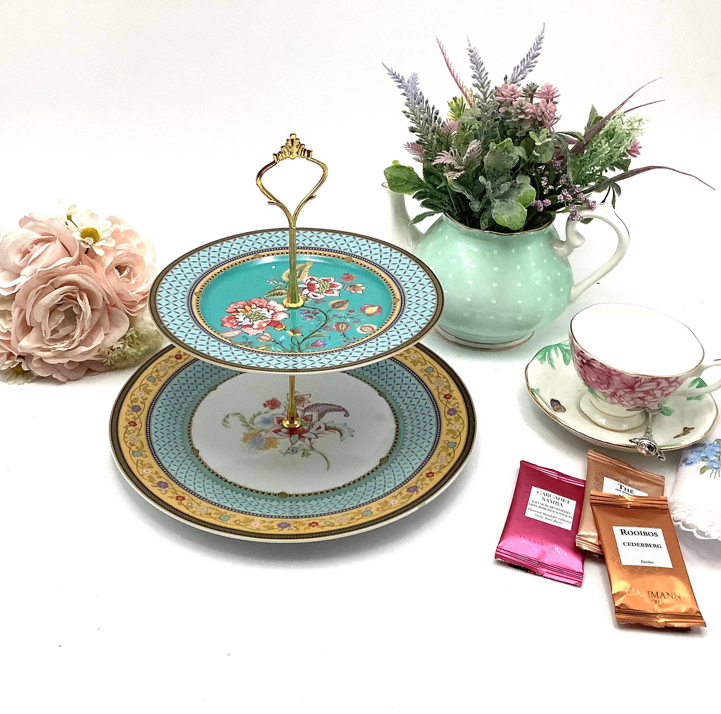 All Little Cute Things - Wholesale Cake Stand - Flowers with Turquoise Teal Border Tiered Cake Stand3