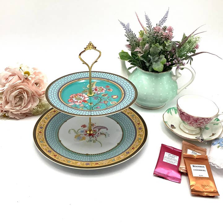 All Little Cute Things - Wholesale Cake Stand - Flowers with Turquoise Teal Border Tiered Cake Stand3