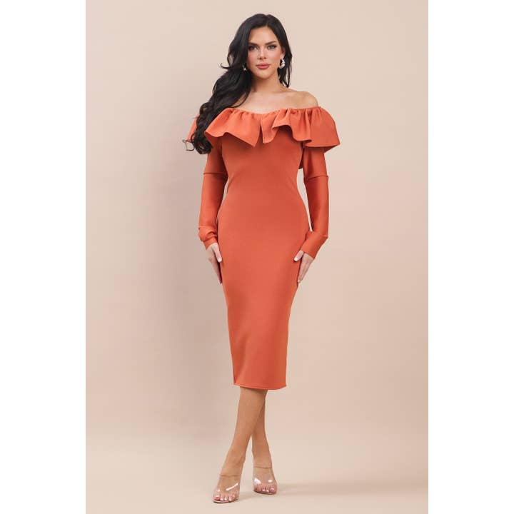 DOUBLE V-NECK RUFFLE ATTACHED LONG SLV MIDI DRESS for wholesale by The Sang