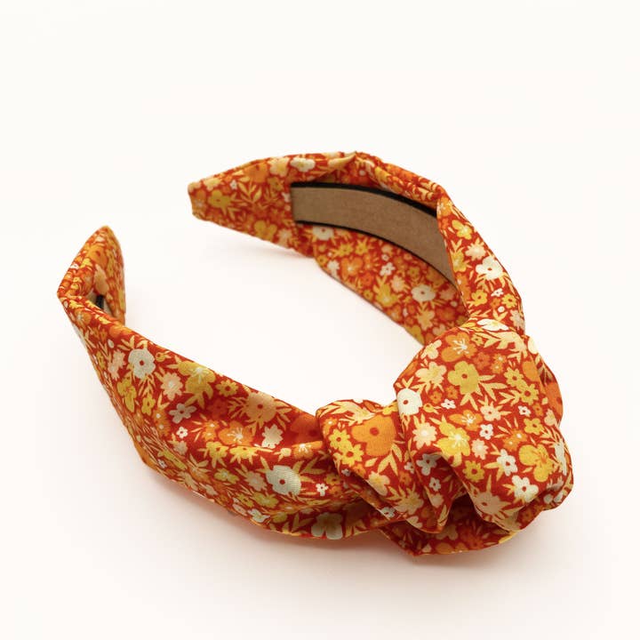 Orange Boho Knotted Headbands With Small Yellow Flower Print for wholesale by ELSE
