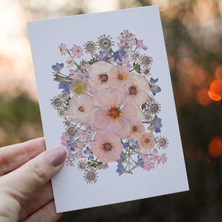 Pink Rose Larkspur - Pressed flower collection card PRINT for wholesale by Eight Acorns Floral Preservation