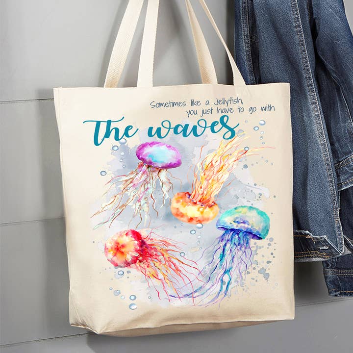 Jellyfish Go with the Waves Ocean Canvas Tote Bag for wholesale by Avery Lane Gifts
