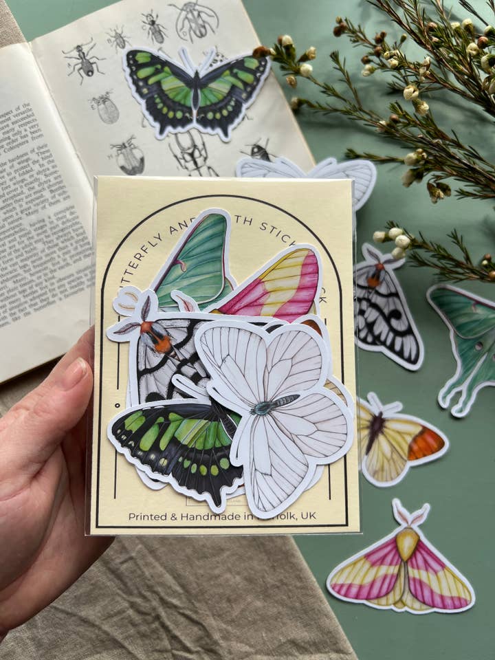 Moth and Butterfly Sticker Pack, 6 Vinyl Stickers for wholesale by Tansy Moore