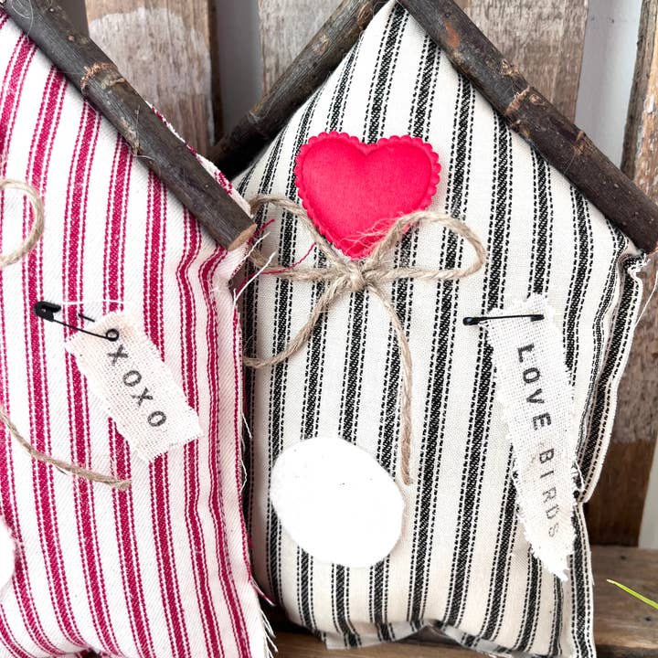 Kate + Em - Wholesale Decorative Tabletop Object - Rustic Fabric Farmhouse Valentine Bird House | Home Decor