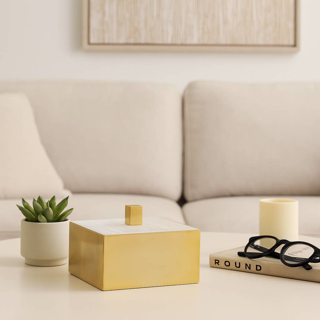 Sagebrook Home - Wholesale Decorative Box - Decorative Box - White/Gold Stone Selenite Top, 6 in. 2