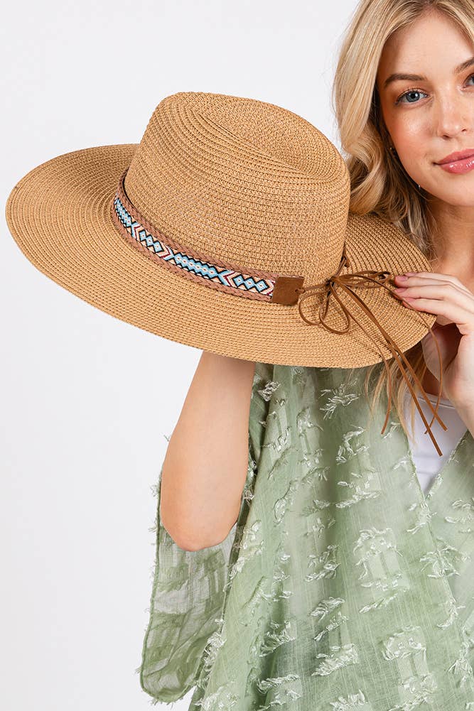 Hana – wholesale Stråhatt – Dam – Vävd Boho Aztekiskt Mönster Band Sommar Solhatt15