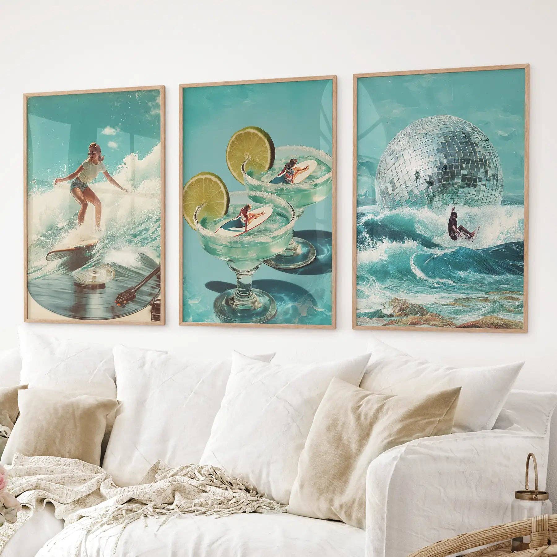 PrintSets.com - Wholesale Gallery Wall Set - Retro Coastal Surfing Wall Art Set of 3. Surreal Blue Wave2