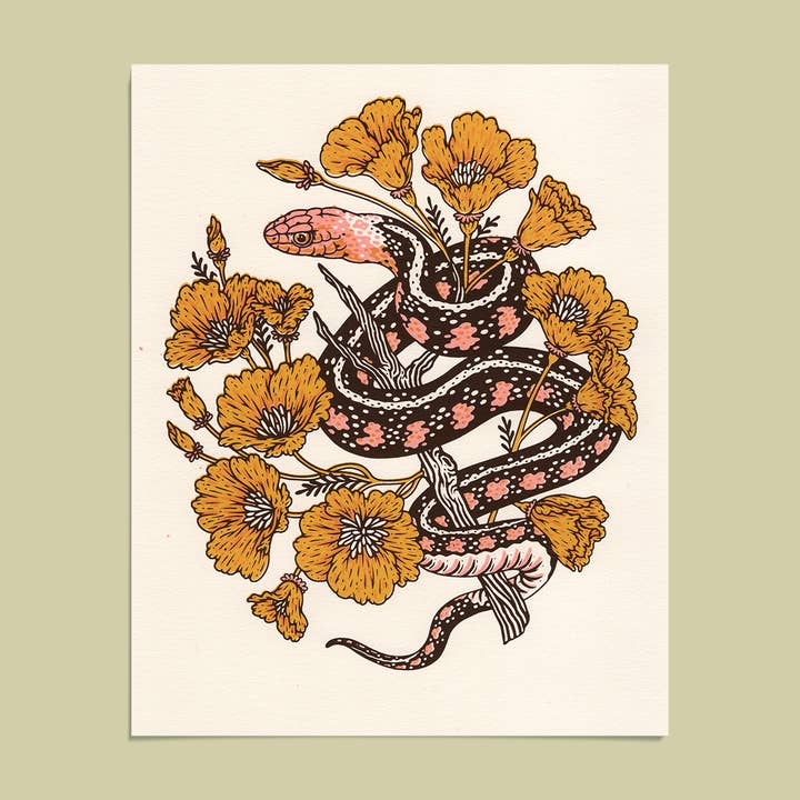 Mustard Beetle - Wholesale Art Print - Snake + Poppies 8x10" Giclee Print