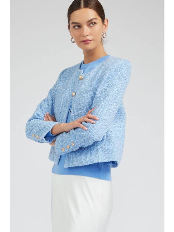 Aero Blue Gold Buttoned Tweed Jacket for wholesale on Faire1