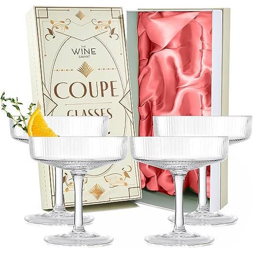 The Wine Savant / Khen Glassware - Wholesale Cocktail/Liquor Glass - Coupe Glasses Ribbed Coupe Cocktail Glasses 7 oz | Set of 4