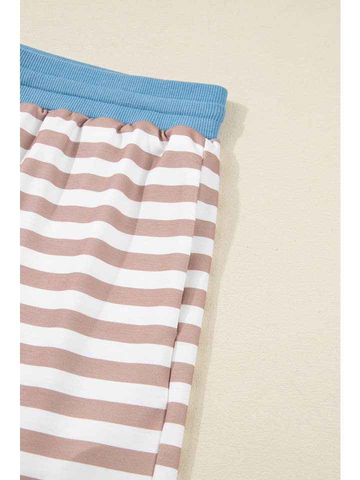 Beige Stripe Contrast Edge Pullover and Shorts Plus Size Set for wholesale on Faire8