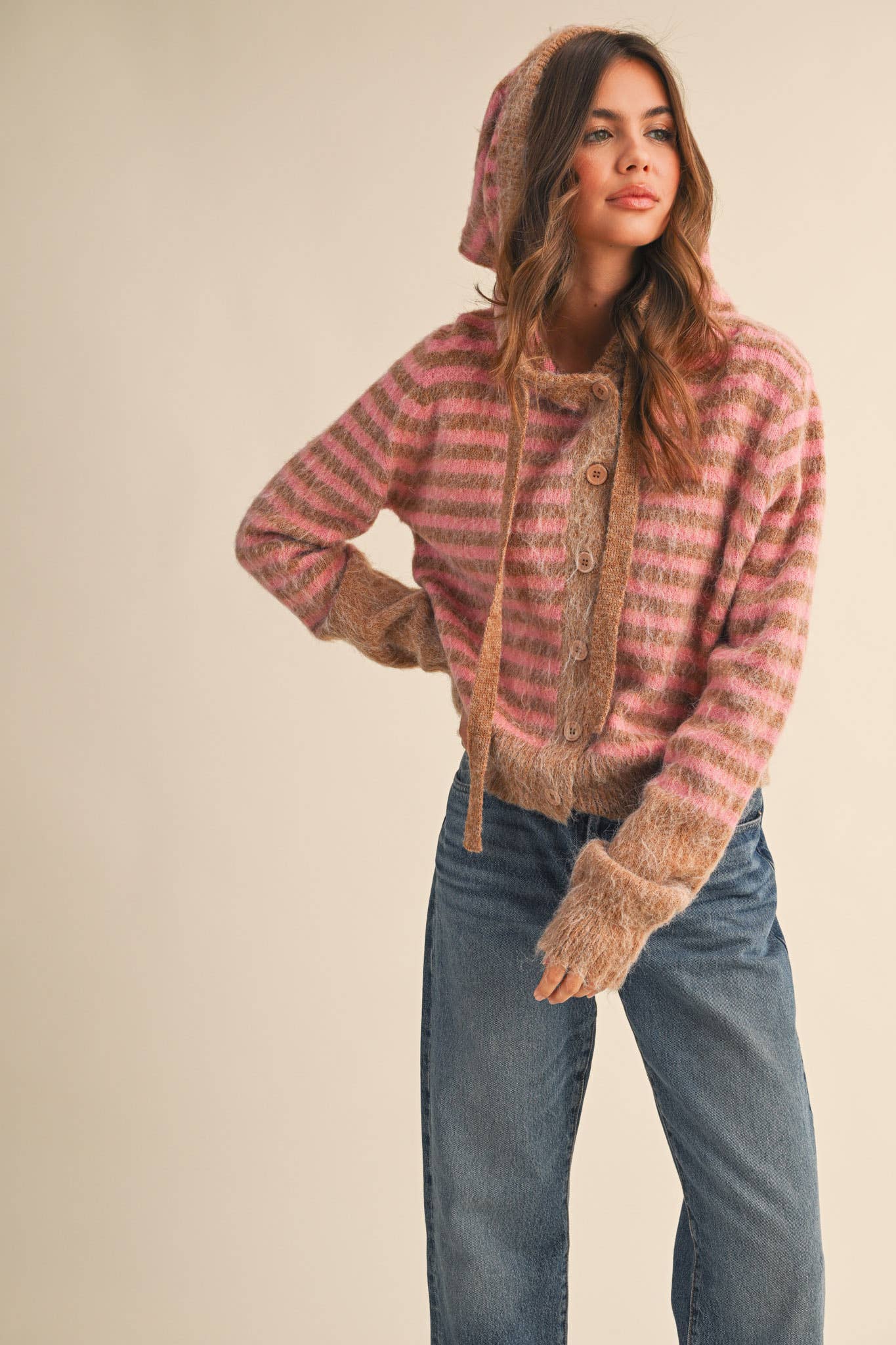&MERCI - Wholesale Cardigan - Women's - STRIPED HOODIE SWEATER CARDIGAN MSW1106359