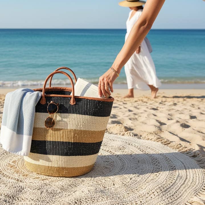 Mifuko Kiondo Kenya Bag - Striped Black, Beige and White for wholesale by The African Home Goods