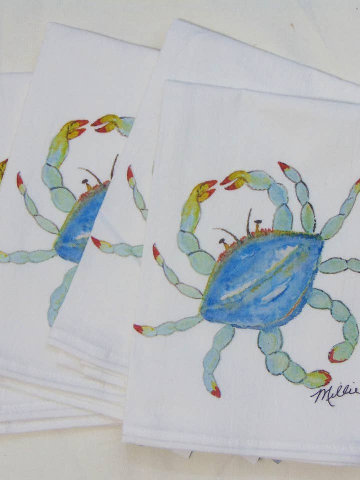 Limited Edition Watercolor Crab Flour Sack Napkins for wholesale by Lowcountry Linens
