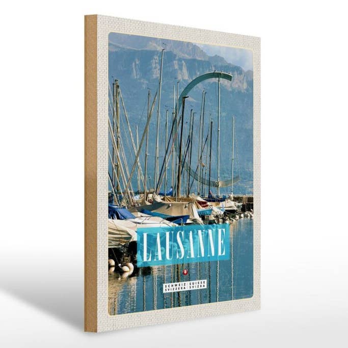 Panneau de voyage en bois 30x40 cm Lausanne Suisse bateaux montagnes forêts pour la vente par Femer