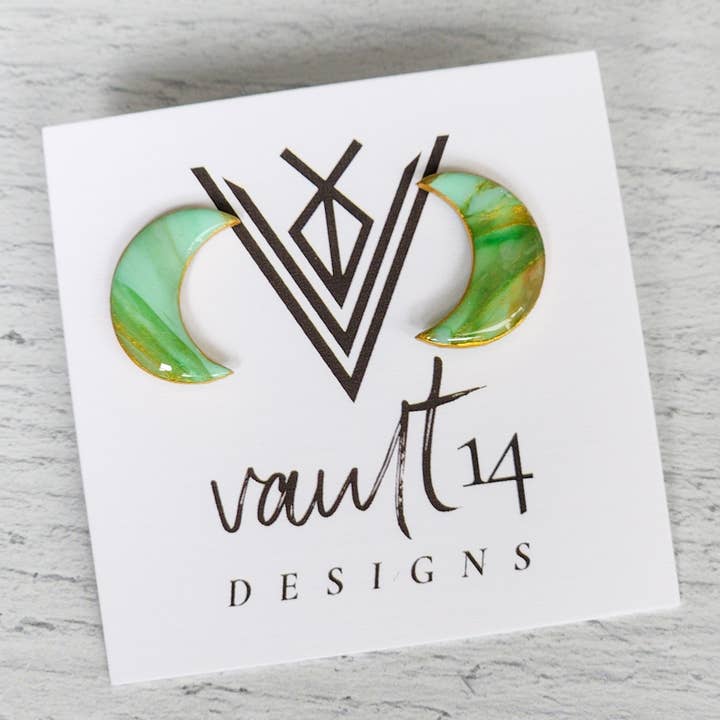 Faux Jadeite Moon Stud Earrings for wholesale by Vault 14 Designs, LLC