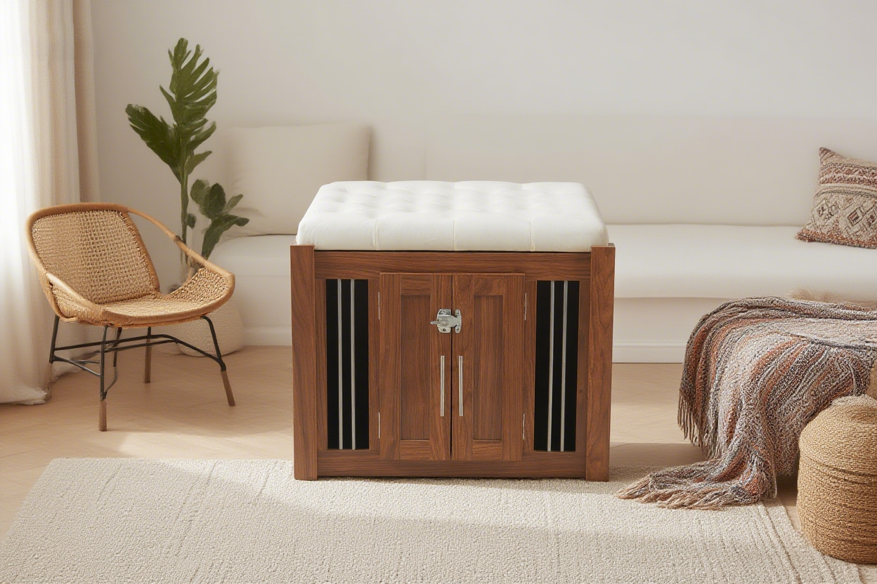 39F Inc. - Wholesale Ottoman - 2-in-1 Dog Crate & End Bench with Padded Seat, Walnut1