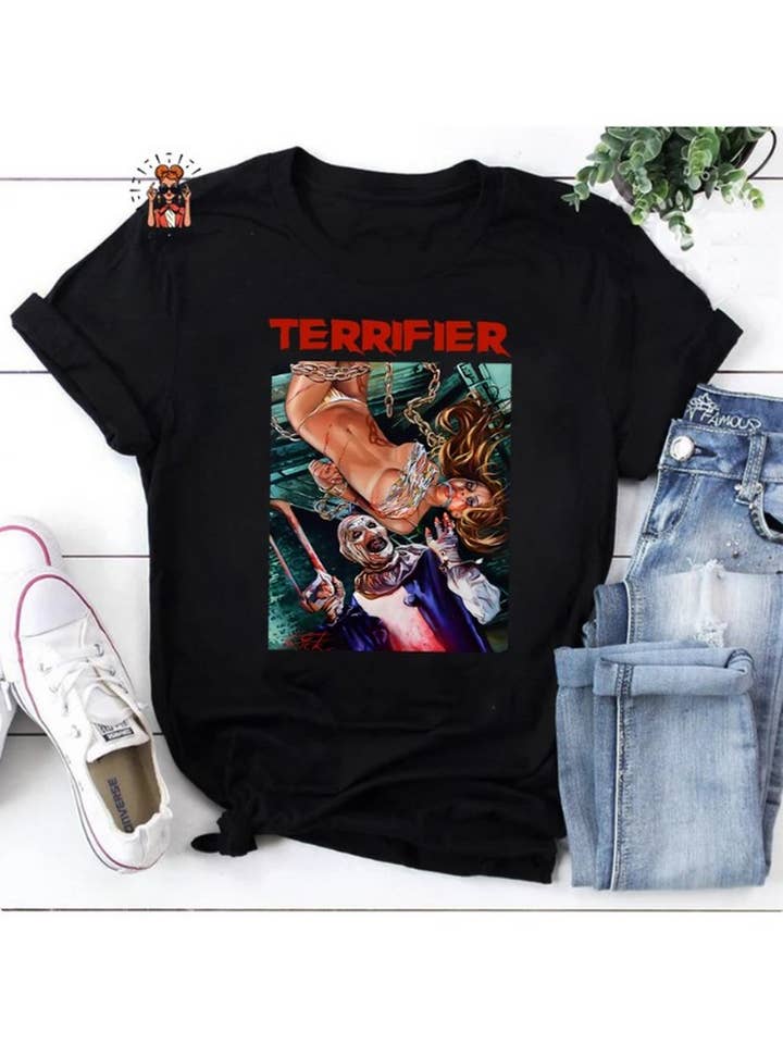 Black Terrifier Art The Clown Horror Movie Art Unisex Vintage T-Sh for wholesale on Faire