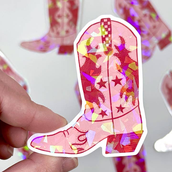 Holographic Cowgirl Boot / Water Resistant Sticker for Water Bottle, Hydro Flask, Yeti, Laptop, Notebook, Planner, Journal, Etc. for wholesale by Saguaro Creative Co.
