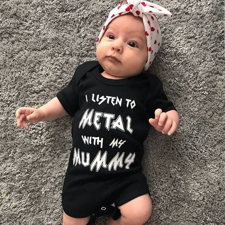 I listen to Metal with my Mummy printed cotton baby vest for wholesale by Metallimonsters