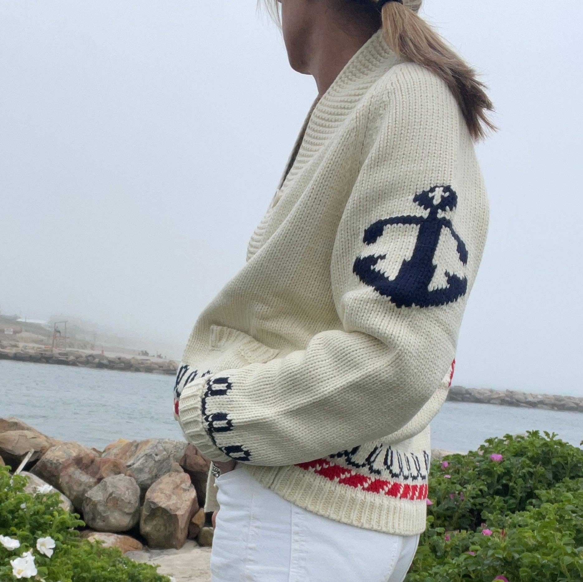 Pink Pineapple - Wholesale Knit Sweater - Women's - Lobster Varsity Cardigan with Vintage Trim in Ivory/Red2